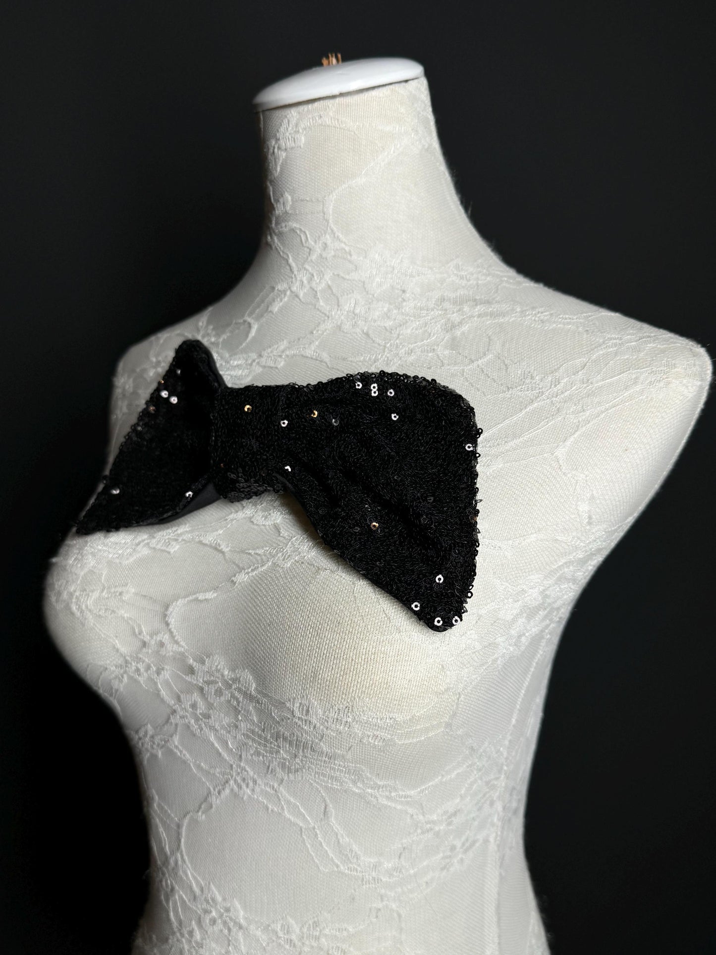 Large Sequins Bow, 8” x 5”, Sequin Fabric Pin on Bow, Clothing, Dress, Hat, FAN Design, Handmade in UK, Black, Bow Corsage