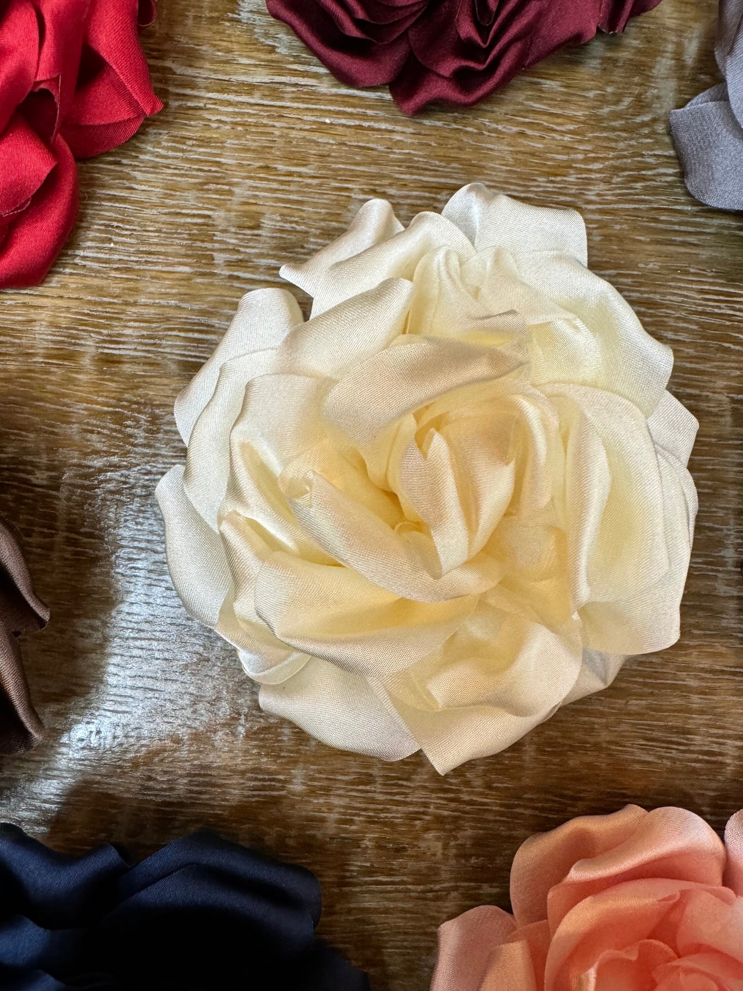 Large Corsage Flower, Red,Black, Ivory, 4.5” Wide, Satin Fabric Pin on Corsage, Bridal, Clothing, Fashion, Hat, Accessory,Fashion,FAN Design