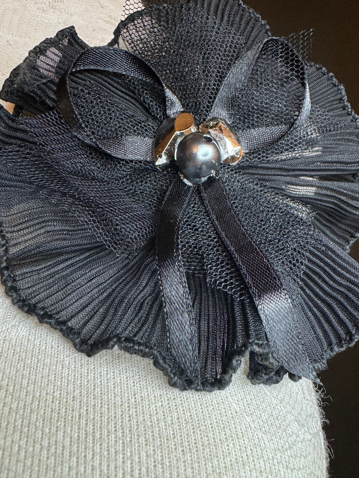 Pin on Black Corsage, Pleated Oraganza Brooch, Pin on brooch, corsage flower pin on, black, Hats, Bags, Dresses, Gift, Fashion