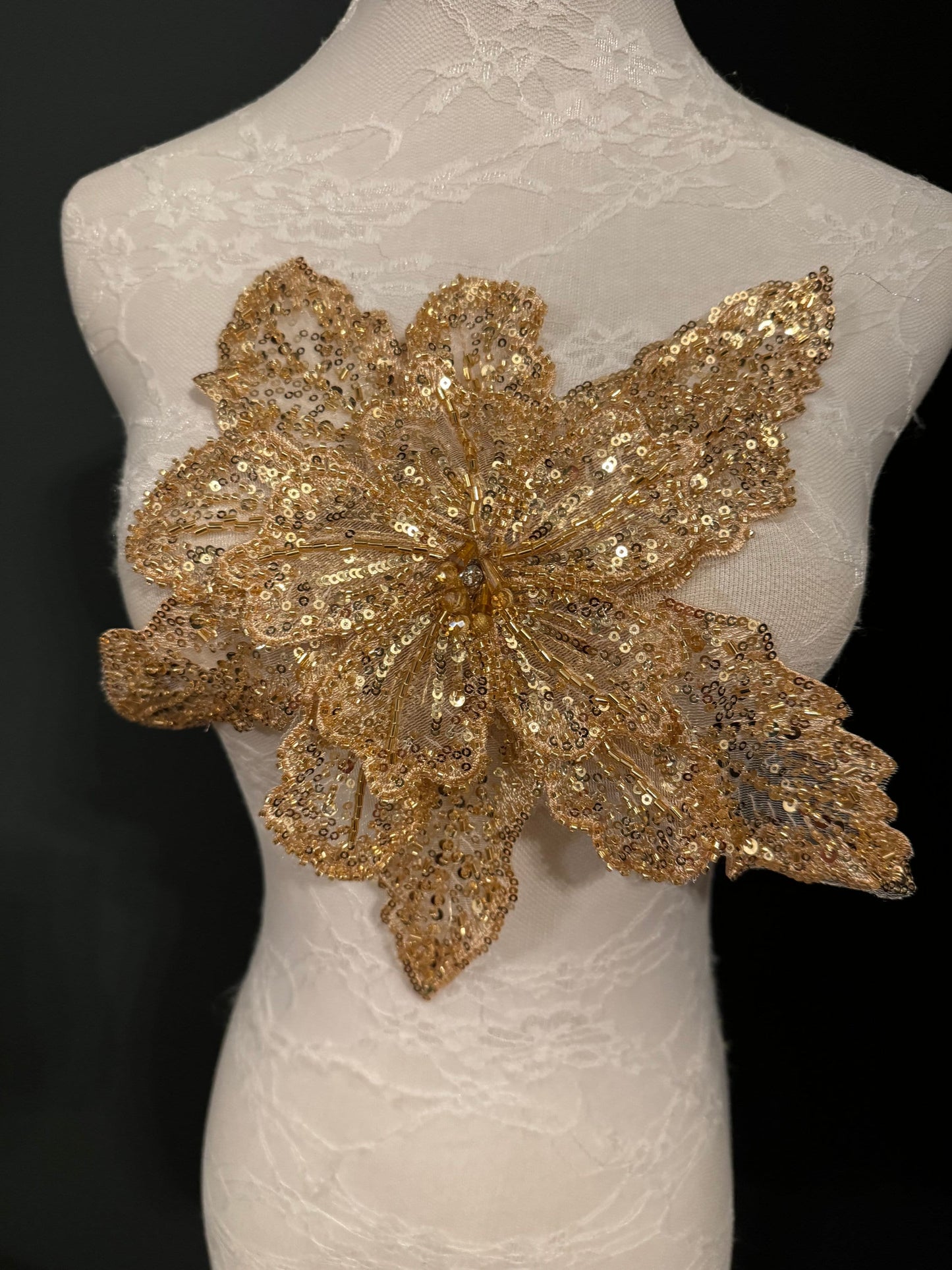 Large 3D Corsage Flower, Gold, White, 10” Wide, 25cm, Beaded Pin on Corsage, Bridal, Clothing, Dress, Hat, FAN Design, FAN Collection