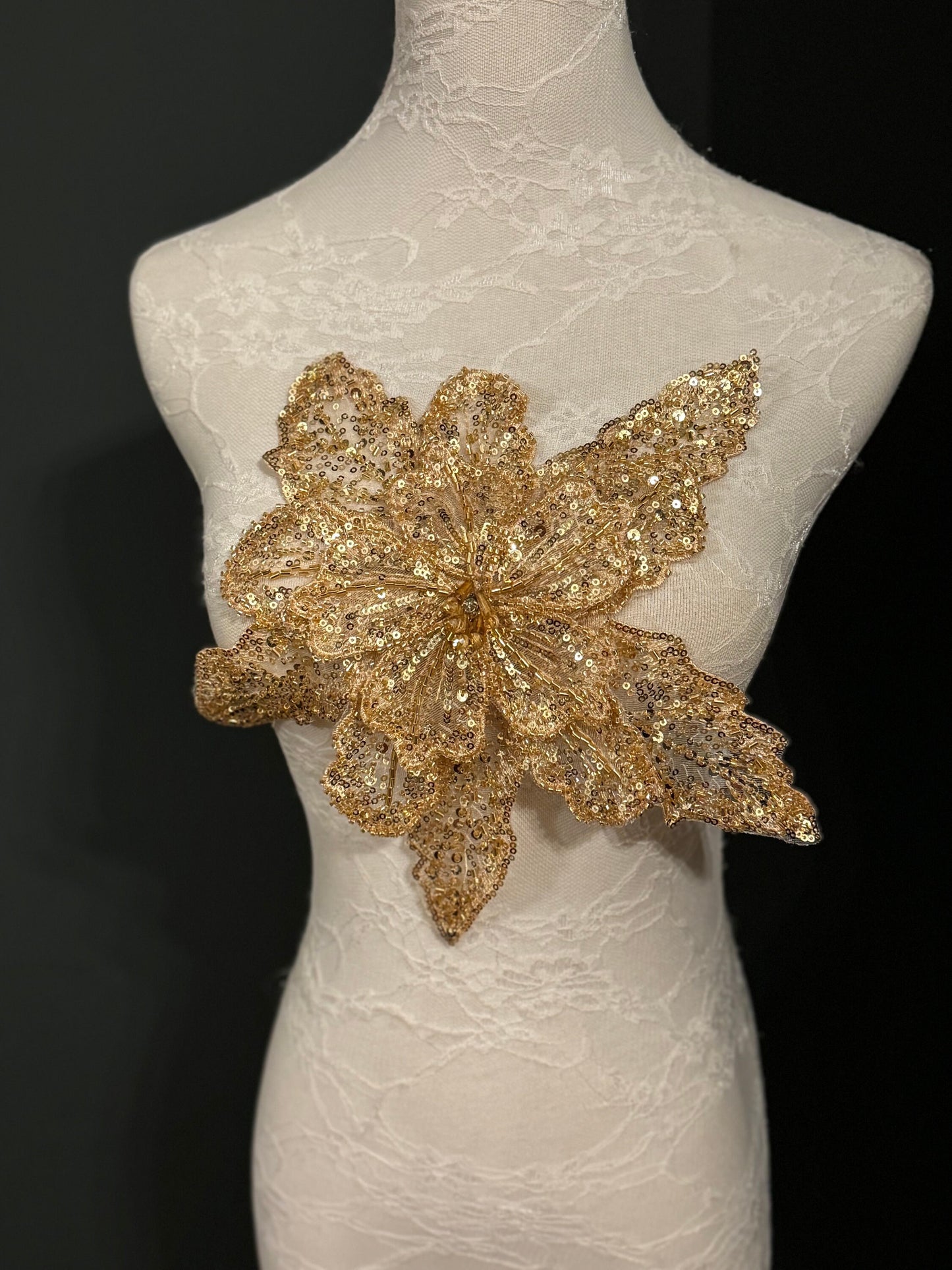 Large 3D Corsage Flower, Gold, White, 10” Wide, 25cm, Beaded Pin on Corsage, Bridal, Clothing, Dress, Hat, FAN Design, FAN Collection