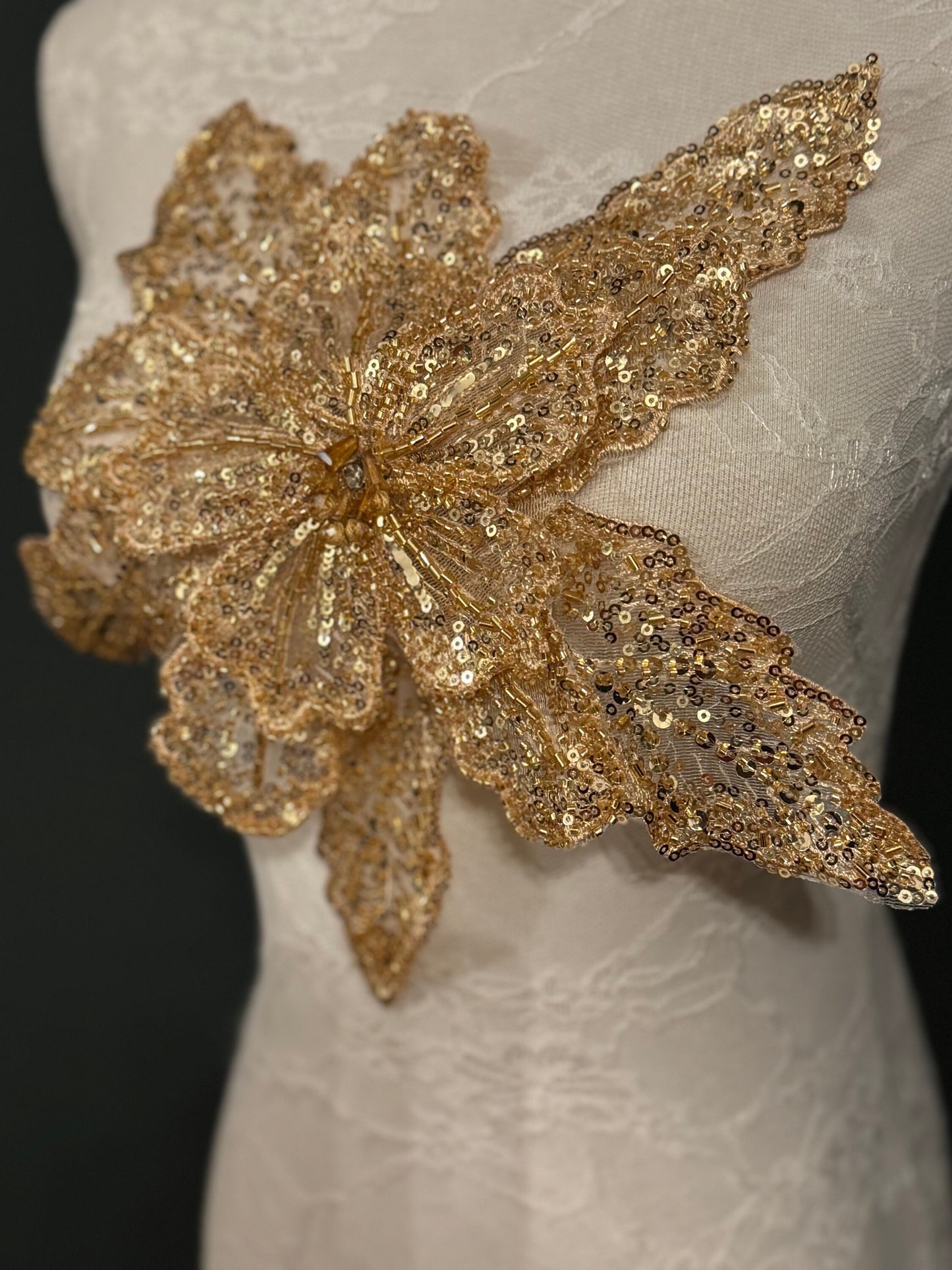 Large 3D Corsage Flower, Gold, White, 10” Wide, 25cm, Beaded Pin on Corsage, Bridal, Clothing, Dress, Hat, FAN Design, FAN Collection