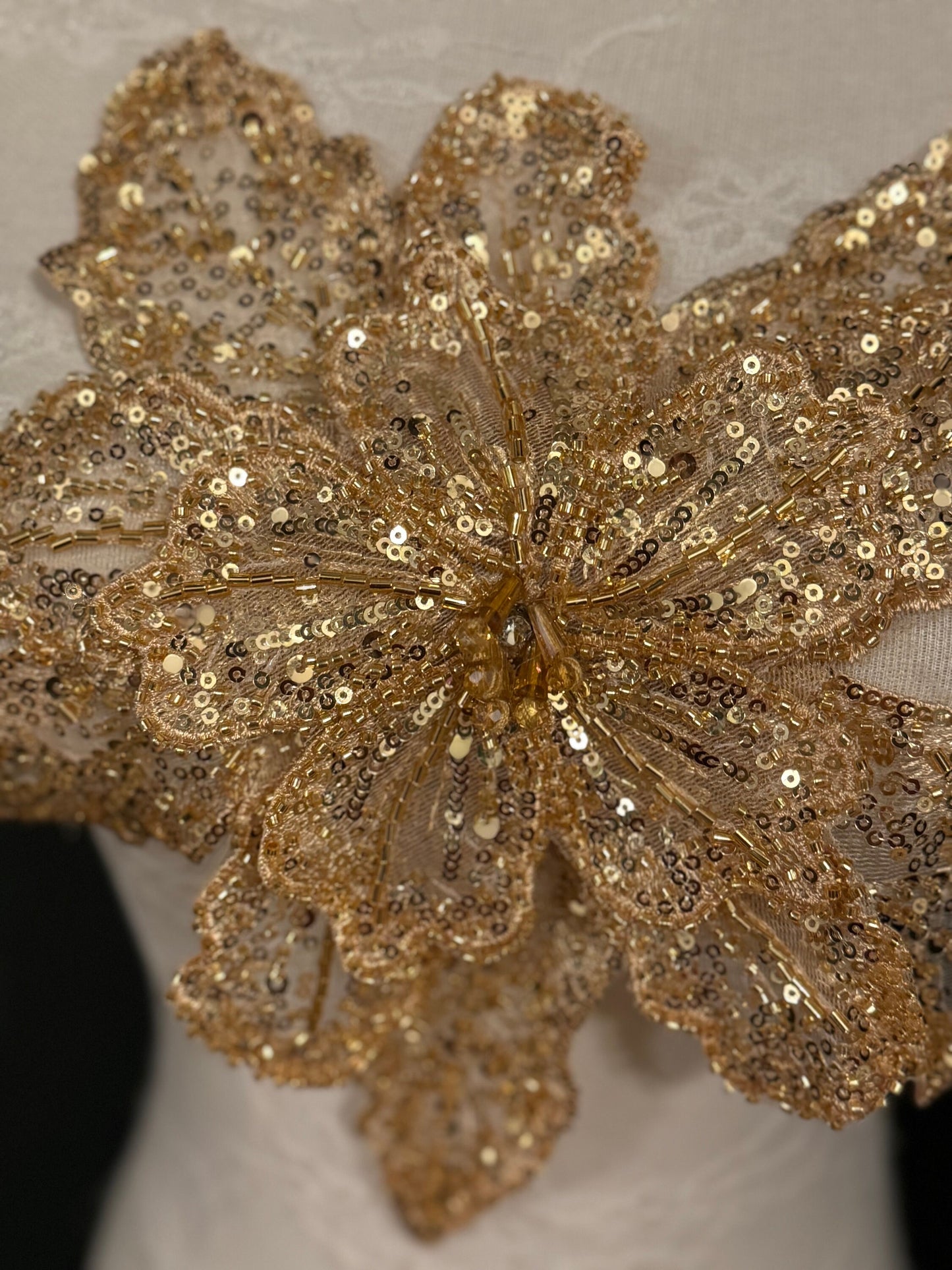 Large 3D Corsage Flower, Gold, White, 10” Wide, 25cm, Beaded Pin on Corsage, Bridal, Clothing, Dress, Hat, FAN Design, FAN Collection