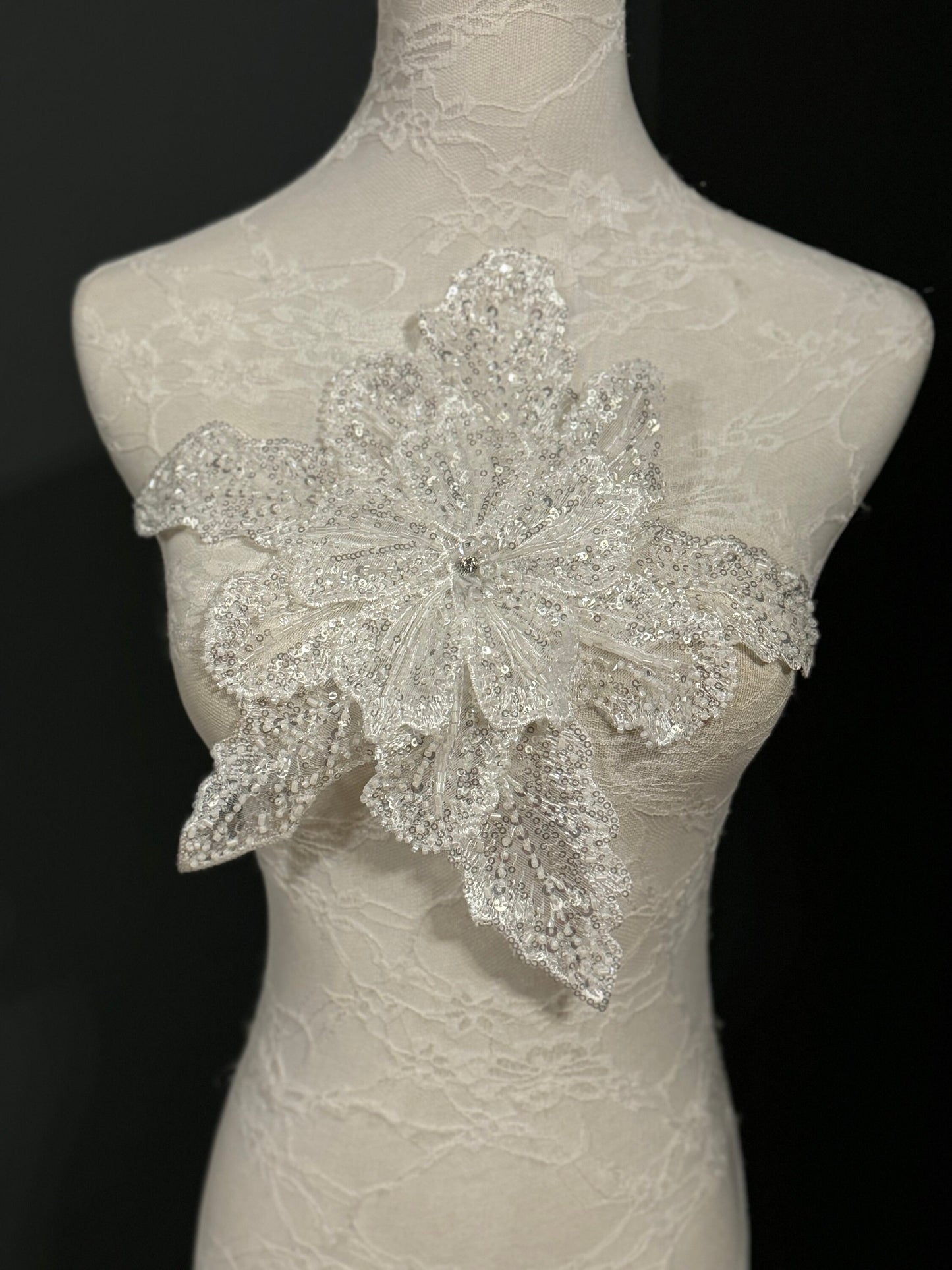 Large 3D Corsage Flower, Gold, White, 10” Wide, 25cm, Beaded Pin on Corsage, Bridal, Clothing, Dress, Hat, FAN Design, FAN Collection
