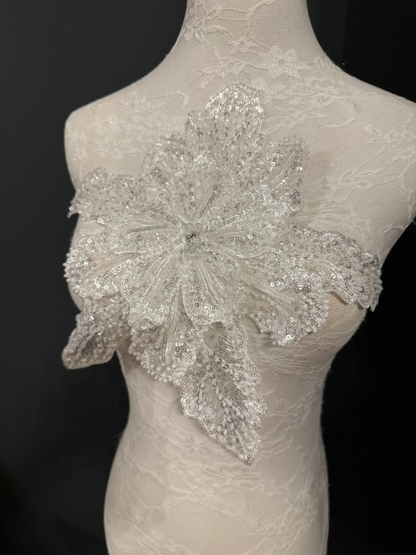 Large 3D Corsage Flower, Gold, White, 10” Wide, 25cm, Beaded Pin on Corsage, Bridal, Clothing, Dress, Hat, FAN Design, FAN Collection