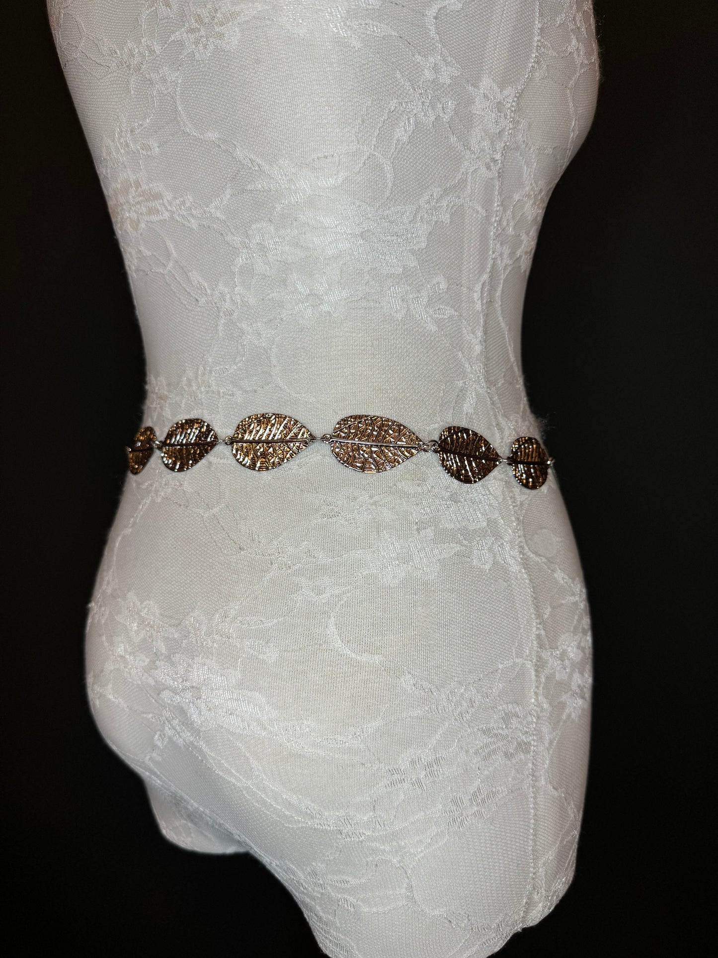 X-Long Leaf Chain Belt, Metal Leaf Design, Swimwear, Dresses, FAN Design, Belt, Dress Belt, Gift, Silver, Gold, Bridal
