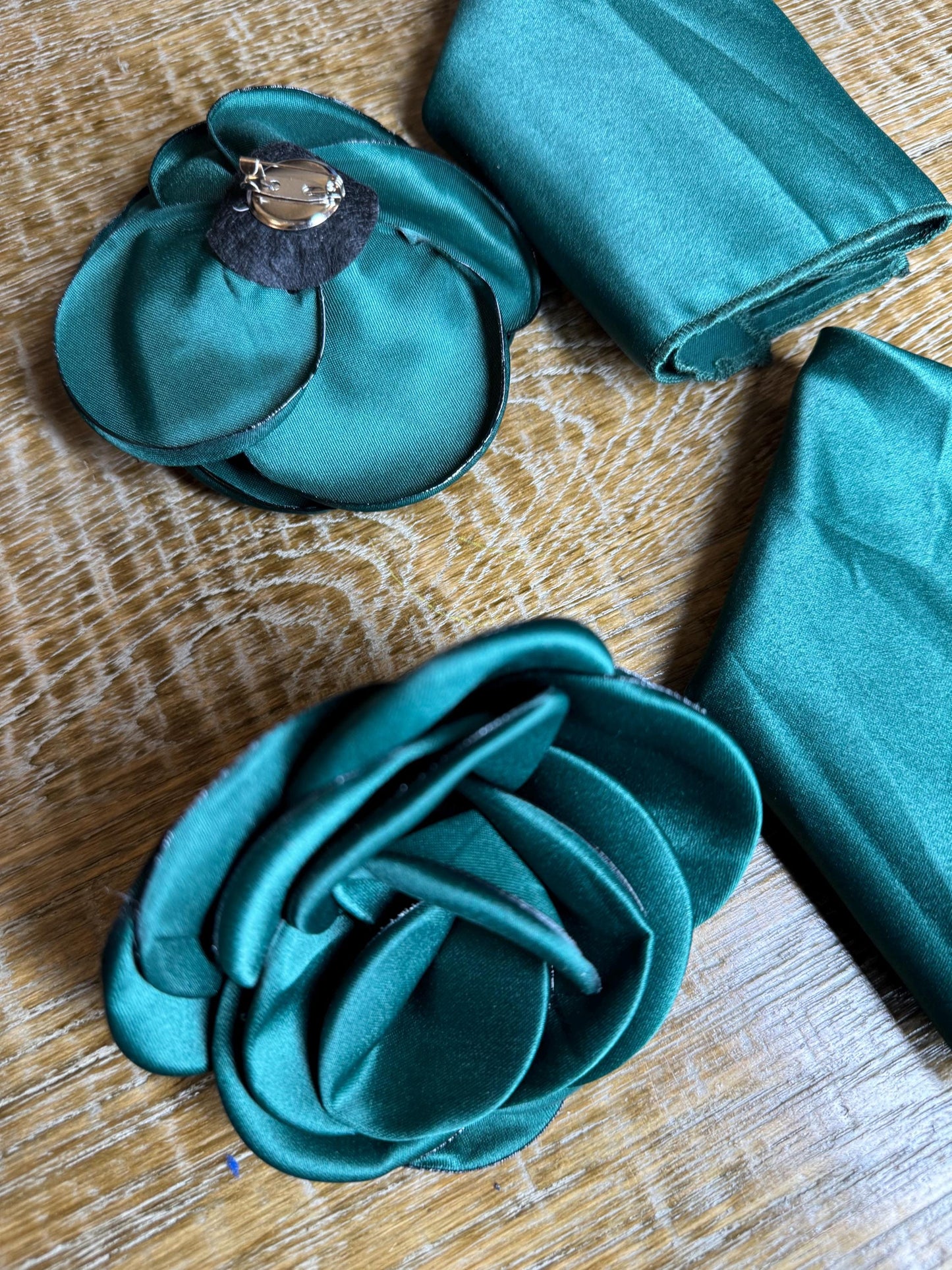 3D Corsage Flower, Pocket Square, His, Hers, 2 piece set, Corsage, Bridal, Clothing, Dress, Hat, FAN Design, FAN Collection, Bottle Green