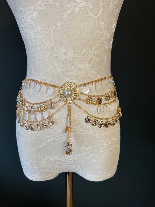 Belly Chain, Gold White with Pearl 18-40 inch, Handmade, Elegant Belt, Festival, Events