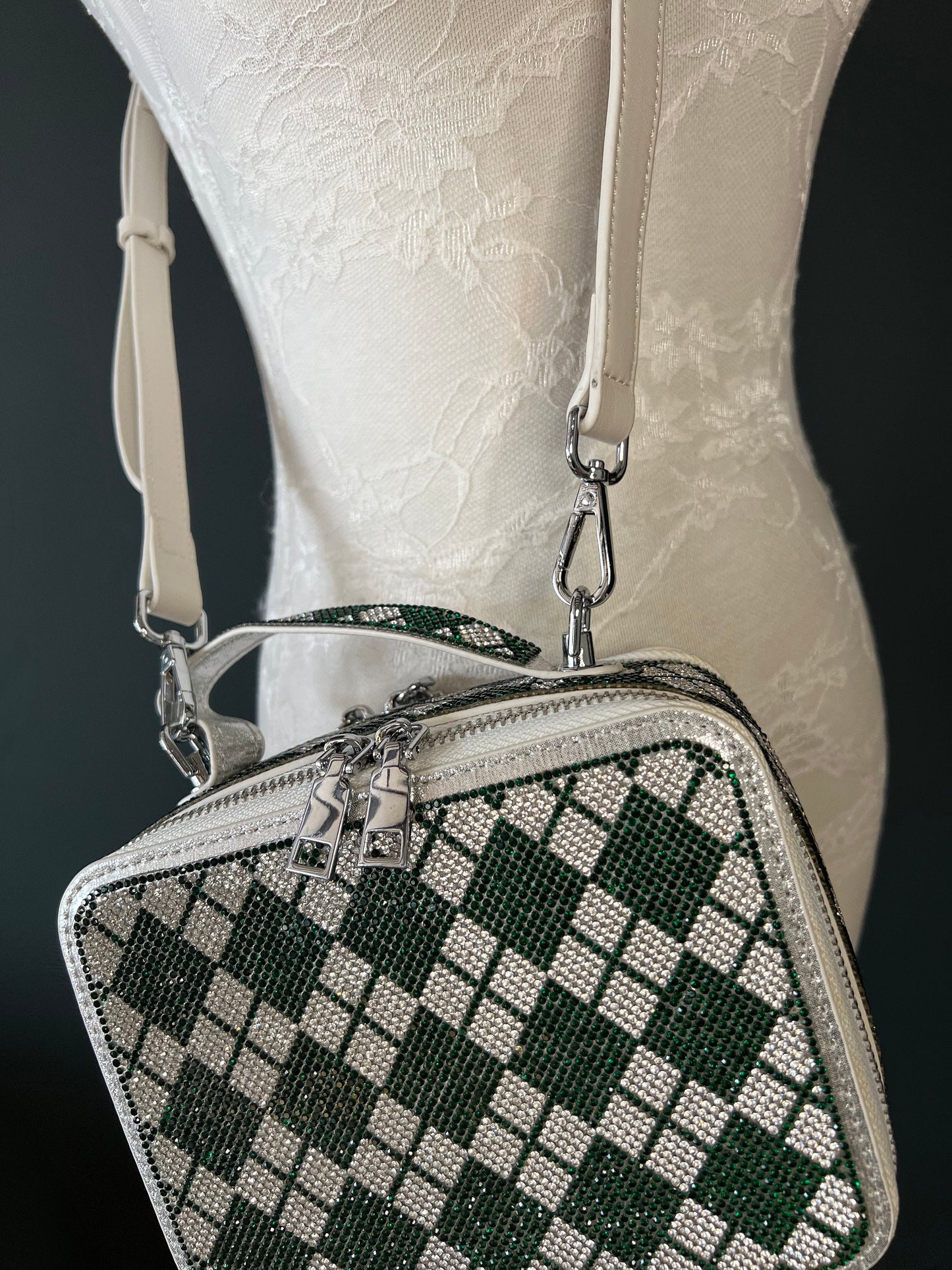 Green Silver Chequered Diamante Handbag, Long handle Double Sided, FAN EXCLUSIVE