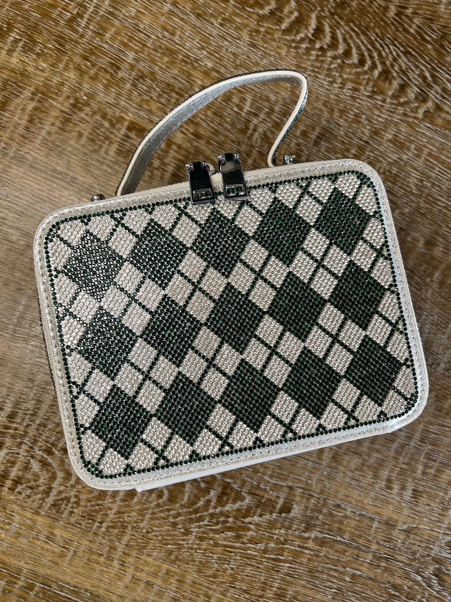Green Silver Chequered Diamante Handbag, Long handle Double Sided, FAN EXCLUSIVE