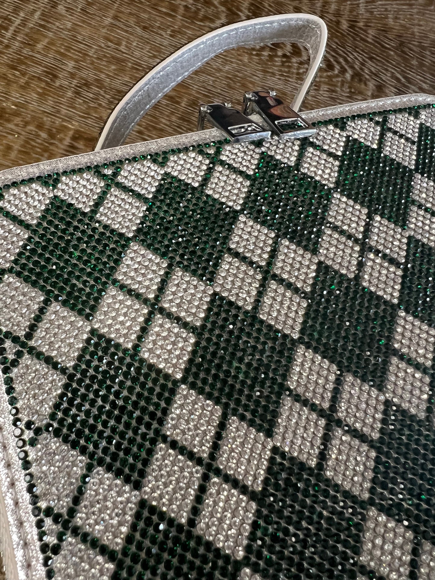 Green Silver Chequered Diamante Handbag, Long handle Double Sided, FAN EXCLUSIVE