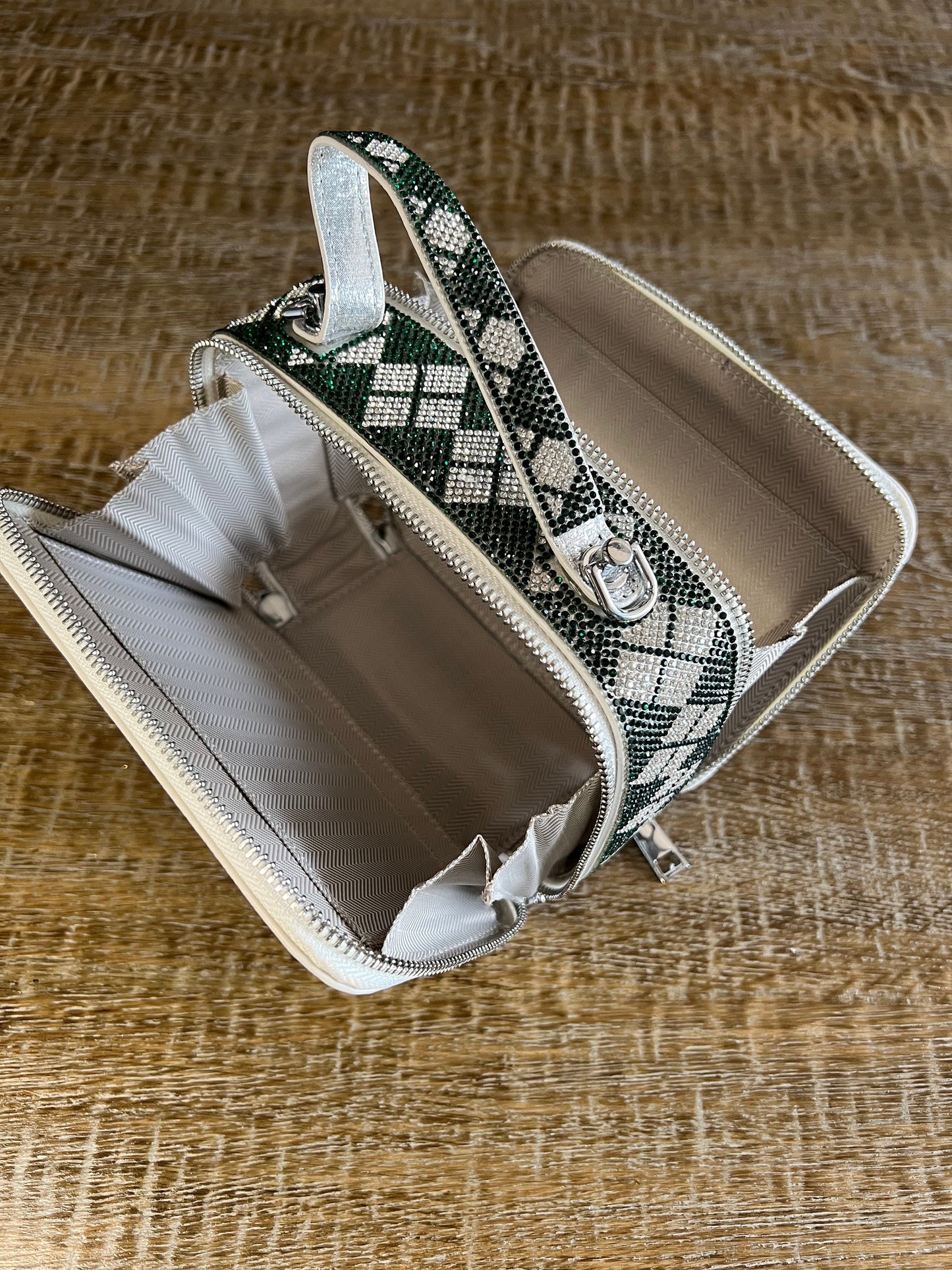 Green Silver Chequered Diamante Handbag, Long handle Double Sided, FAN EXCLUSIVE