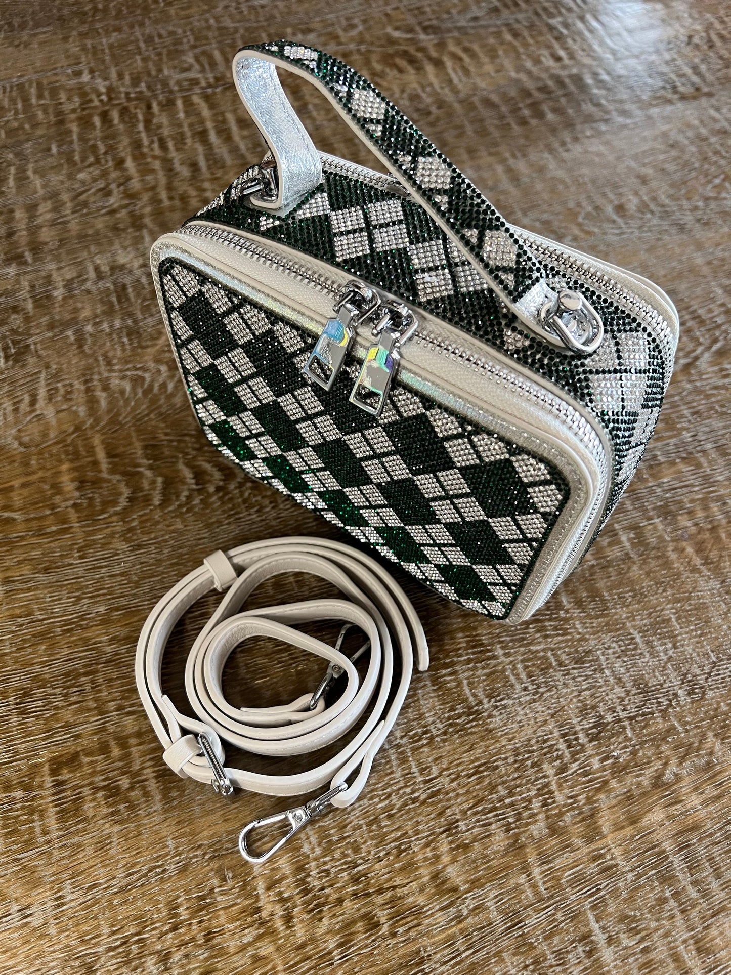 Green Silver Chequered Diamante Handbag, Long handle Double Sided, FAN EXCLUSIVE