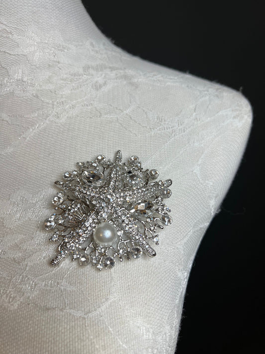 8cm Starfish Centre Rhinestone Pearl Brooch Pin, Silver