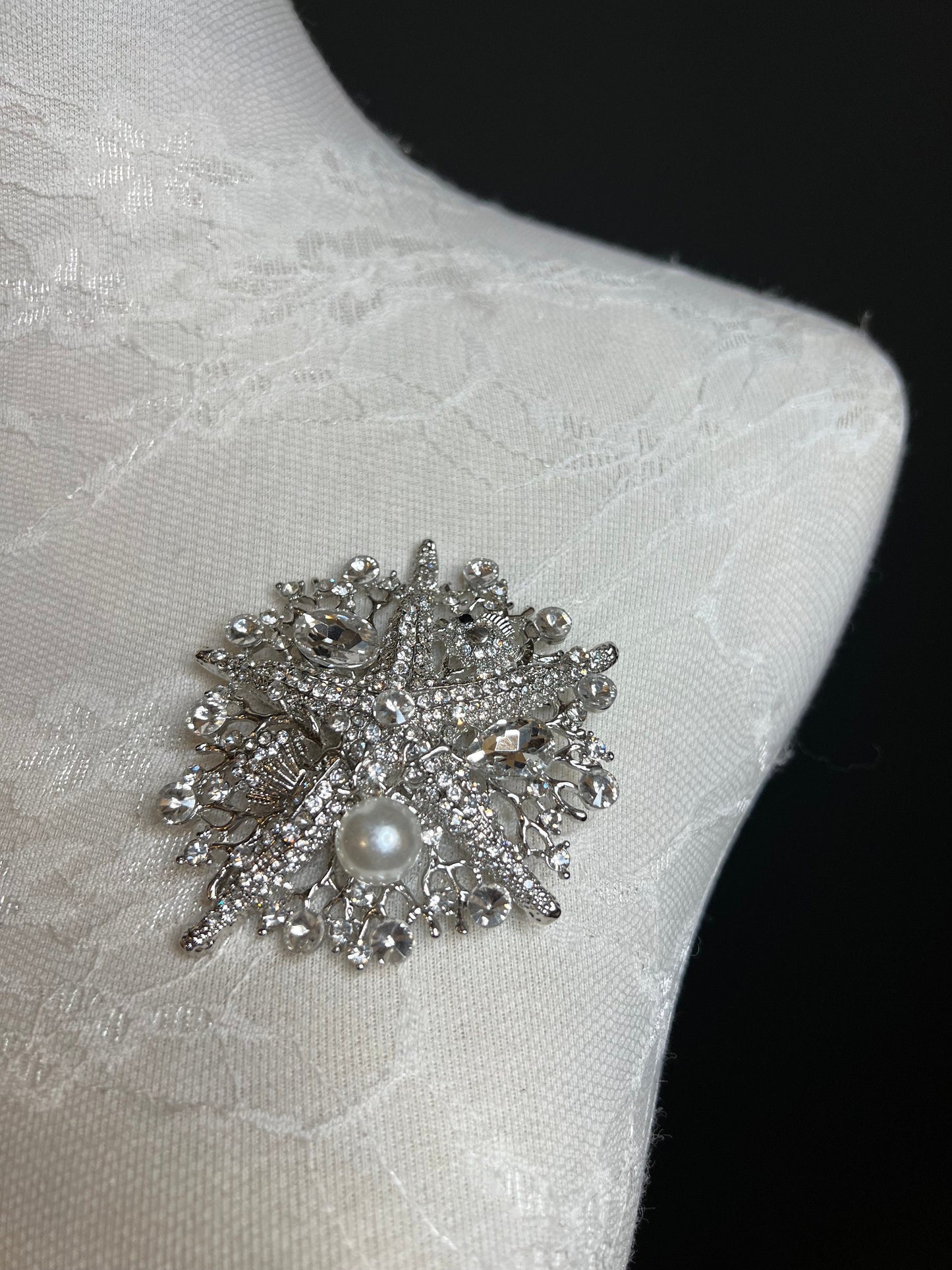 8cm Starfish Centre Rhinestone Pearl Brooch Pin, Gold, Stunning Brooch, Elegant, Gift