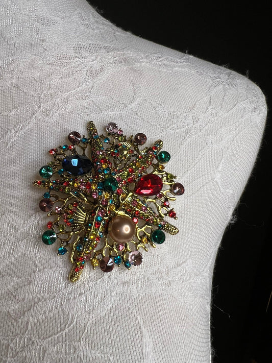 Starfish Rhinestone Pearl Brooch, Red Green Gold, 8cm