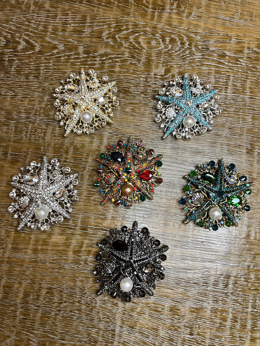 8cm Starfish Centre Rhinestone Pearl Brooch Pin, 6 colours