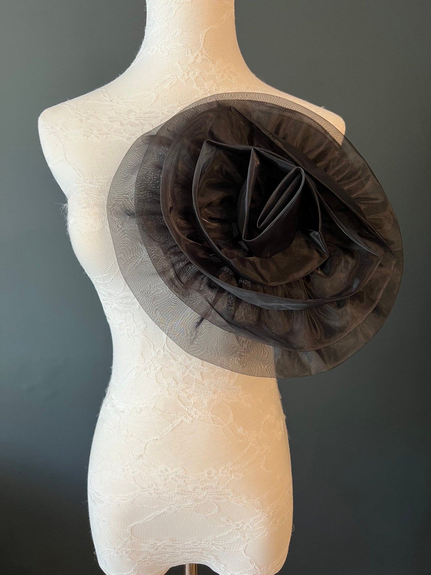 Large 3D Corsage Flower, Black, 12” Wide, Pin on Corsage, Bridal, Clothing, Dress, Hat, Accessory, FAN Design