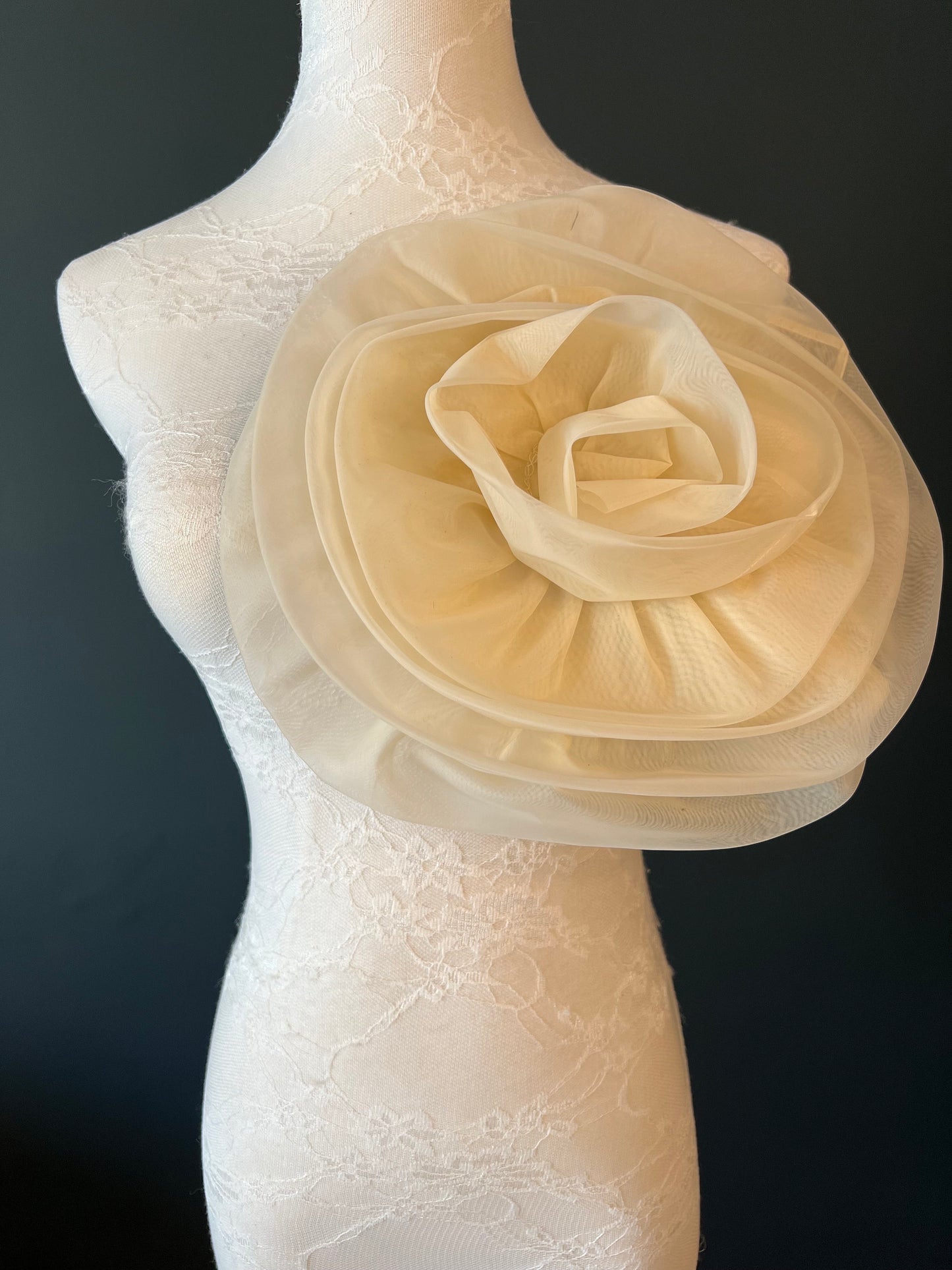 Large 3D Corsage Flower, Beige, 11” Wide, Pin on Corsage, Bridal, Clothing, Dress, Hat, Accessory, FAN Design