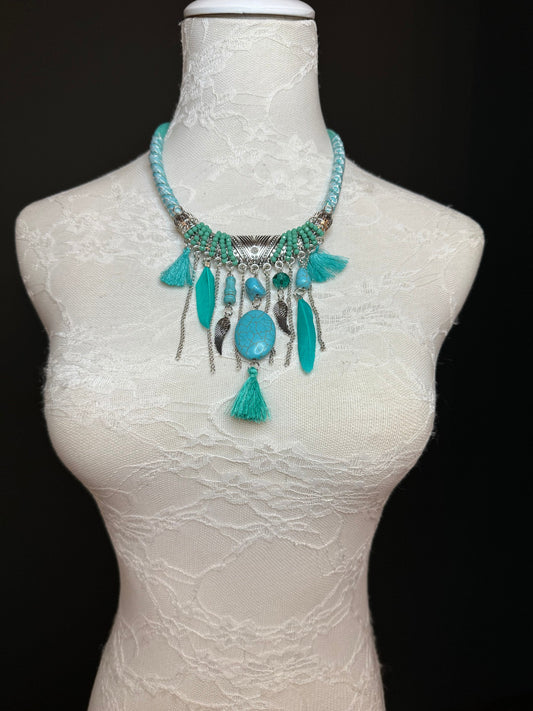 Turquoise Necklace, Boho Style Necklace, Beaded, Tassel, Chain, Handmade, Silver, Turquoise, Black, Brown, Cream, Gift, FAN Design, Festival