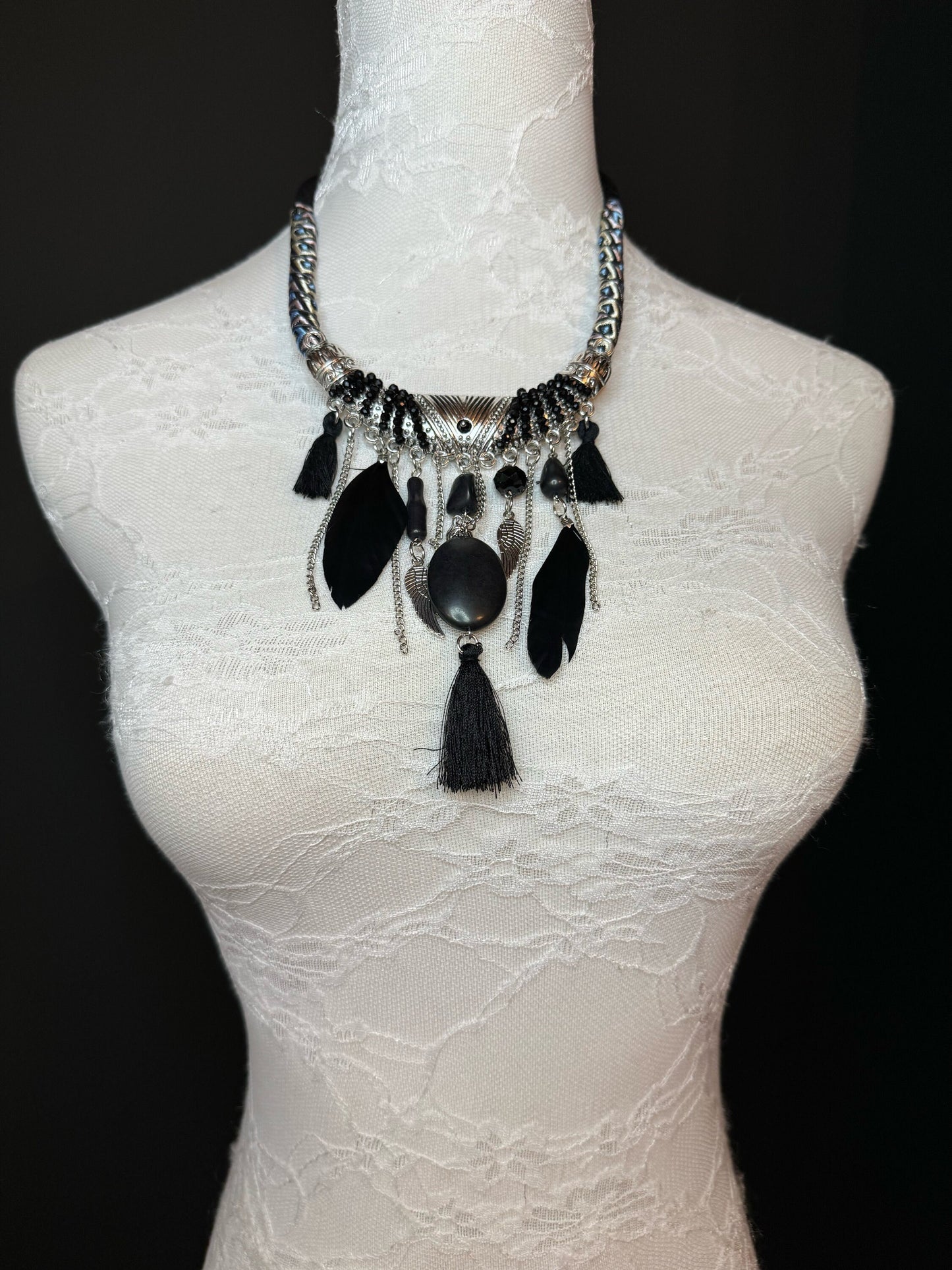 Turquoise Necklace, Boho Style Necklace, Beaded, Tassel, Chain, Handmade, Silver, Turquoise, Black, Brown, Cream, Gift, FAN Design, Festival