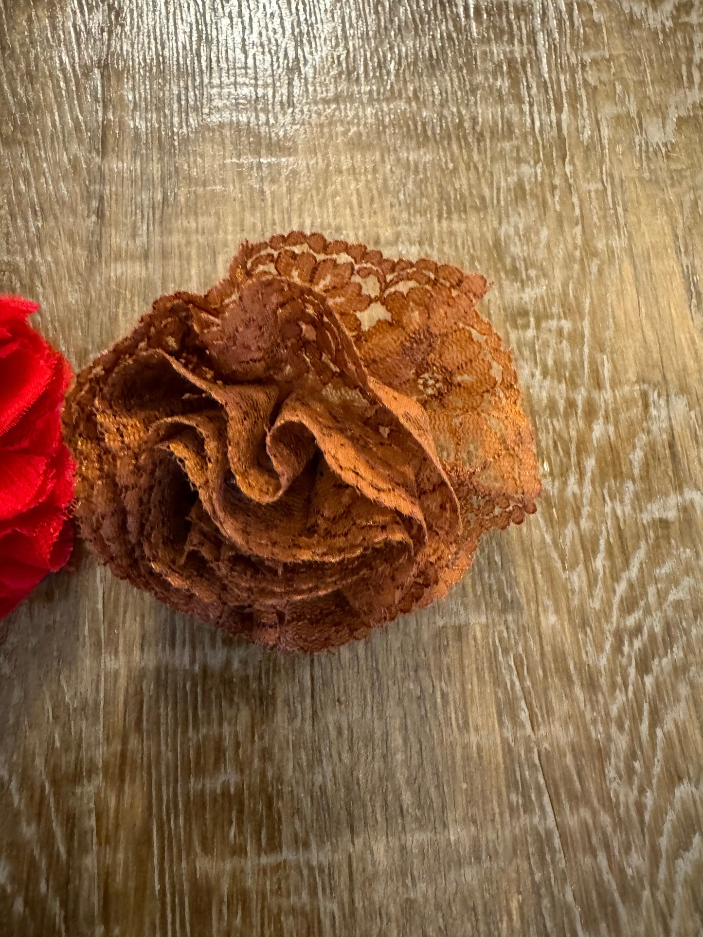 Corsage Flower, Pin on Flower, Corsage Brooch, Lace Corsage, Red, Brown Rust, Fashion, FAN Design, 3.5”, 3”