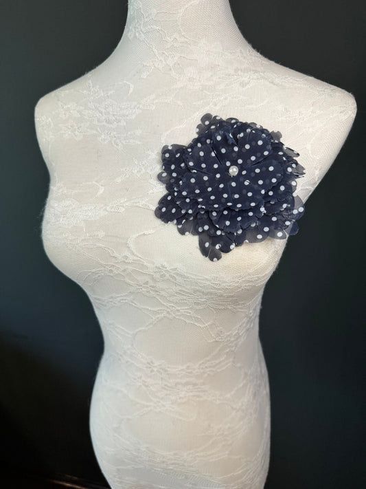 Navy Polka Dot Corsage Pin, Pearl Detail, 5" Fabric Flower