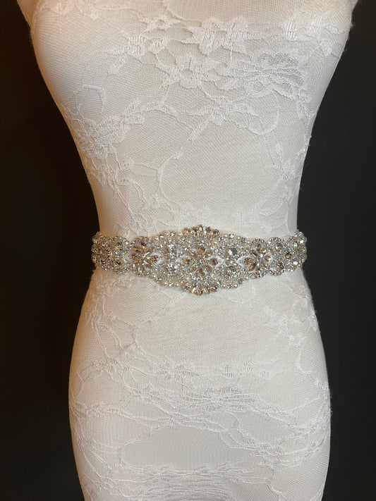 Wedding Belt, Bridal Belt, Sash Belt, Crystal Rhinestone with Silver Base, Ivory Ribbon