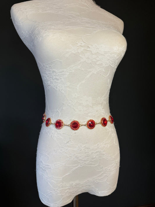 X-Long Belt, Red Jewel Rhinestone Belt, Gold Chain Belt, Vintage Style Belt, Diamante Belt, Fashion Belt, Elegant, Swimwear Belt