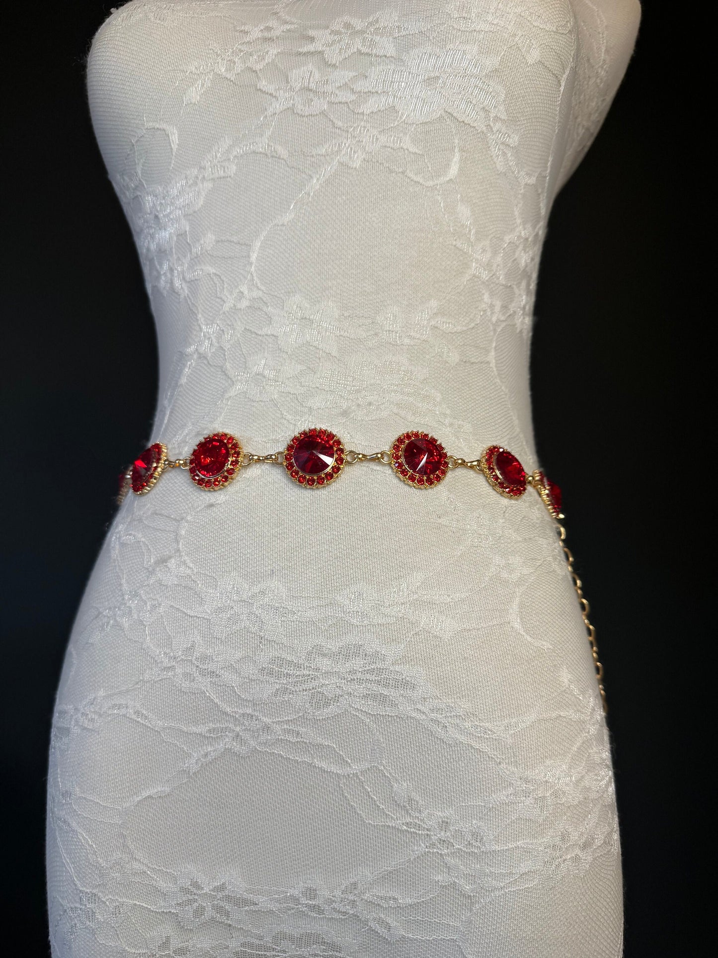 X-Long Belt, Red Jewel Rhinestone Belt, Gold Chain Belt, Vintage Style Belt, Diamante Belt, Fashion Belt, Elegant, Swimwear Belt