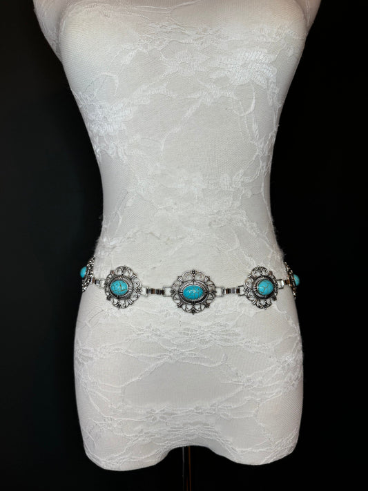 X-long Turquoise Bead Belt, Silver, Metal Disc Belt, Teen Sizes, Size 18”-60”, FAN Design, FAN Collection, Fashion Accessory, Gift