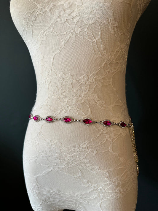 X-long Metal Cerise Jewel Rhinestone Belt, Alloy Metal, High Quality Belt, Silver, Teen Sizes 18”-60”, Fashion Belt, FAN Design, Exclusive