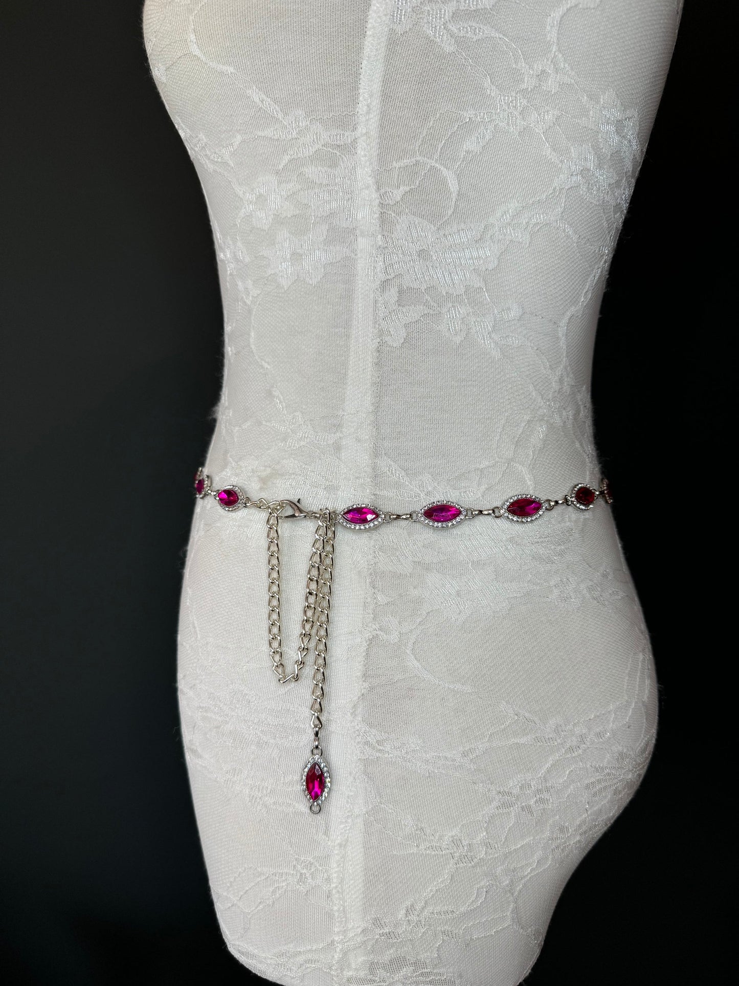 X-long Metal Cerise Jewel Rhinestone Belt, Alloy Metal, High Quality Belt, Silver, Teen Sizes 18”-60”, Fashion Belt, FAN Design, Exclusive