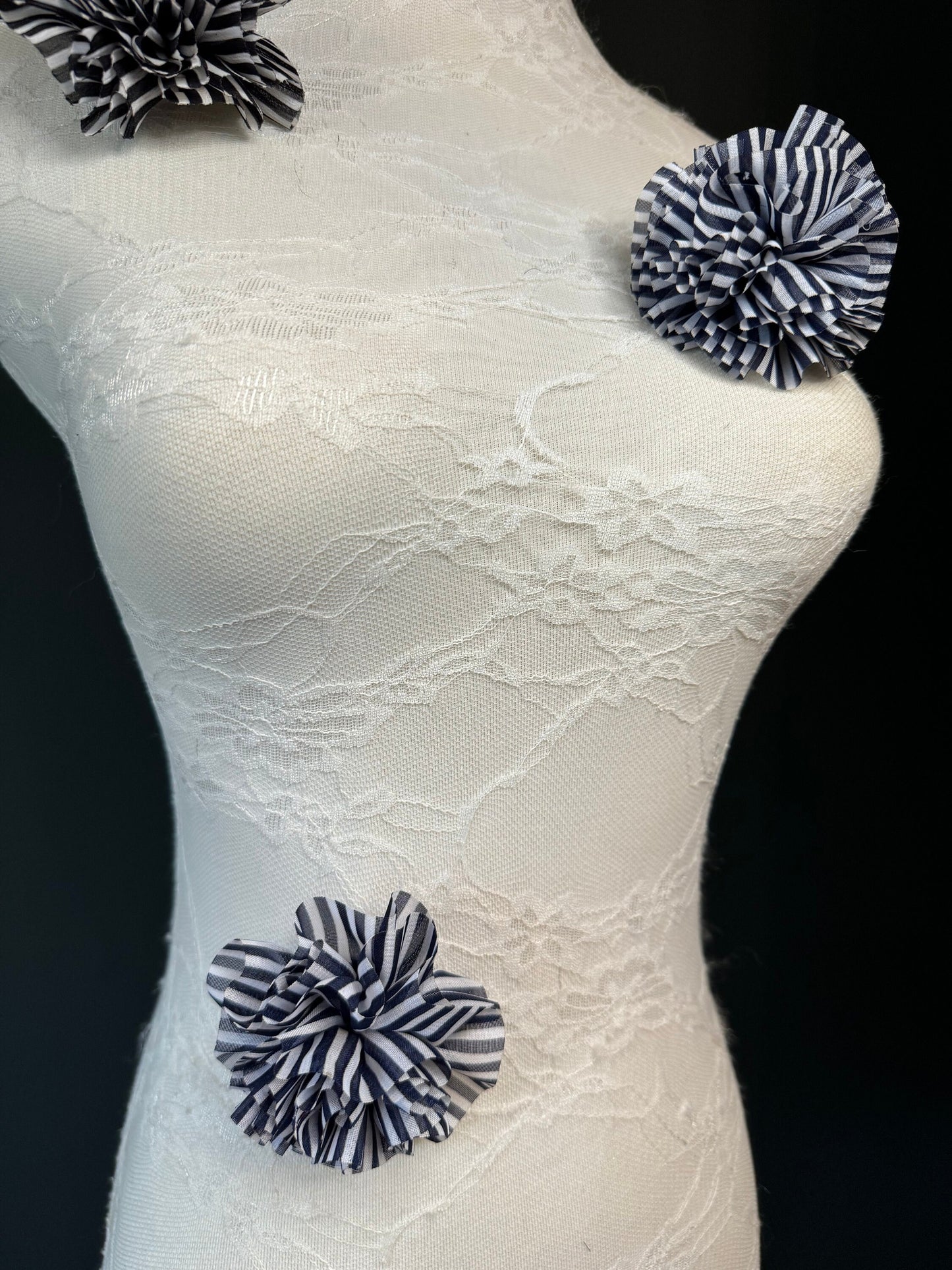 Corsage Flower, Pin on, Navy, Black White Stripe, 3” Wide, Fabric Pin on Corsage, Bridal, Clothing, Accessory, Fashion, Gift, FAN Design