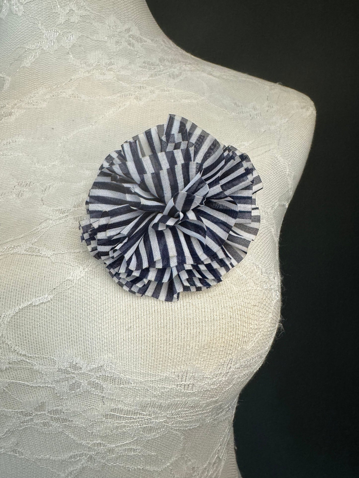 Corsage Flower, Pin on, Navy, Black White Stripe, 3” Wide, Fabric Pin on Corsage, Bridal, Clothing, Accessory, Fashion, Gift, FAN Design