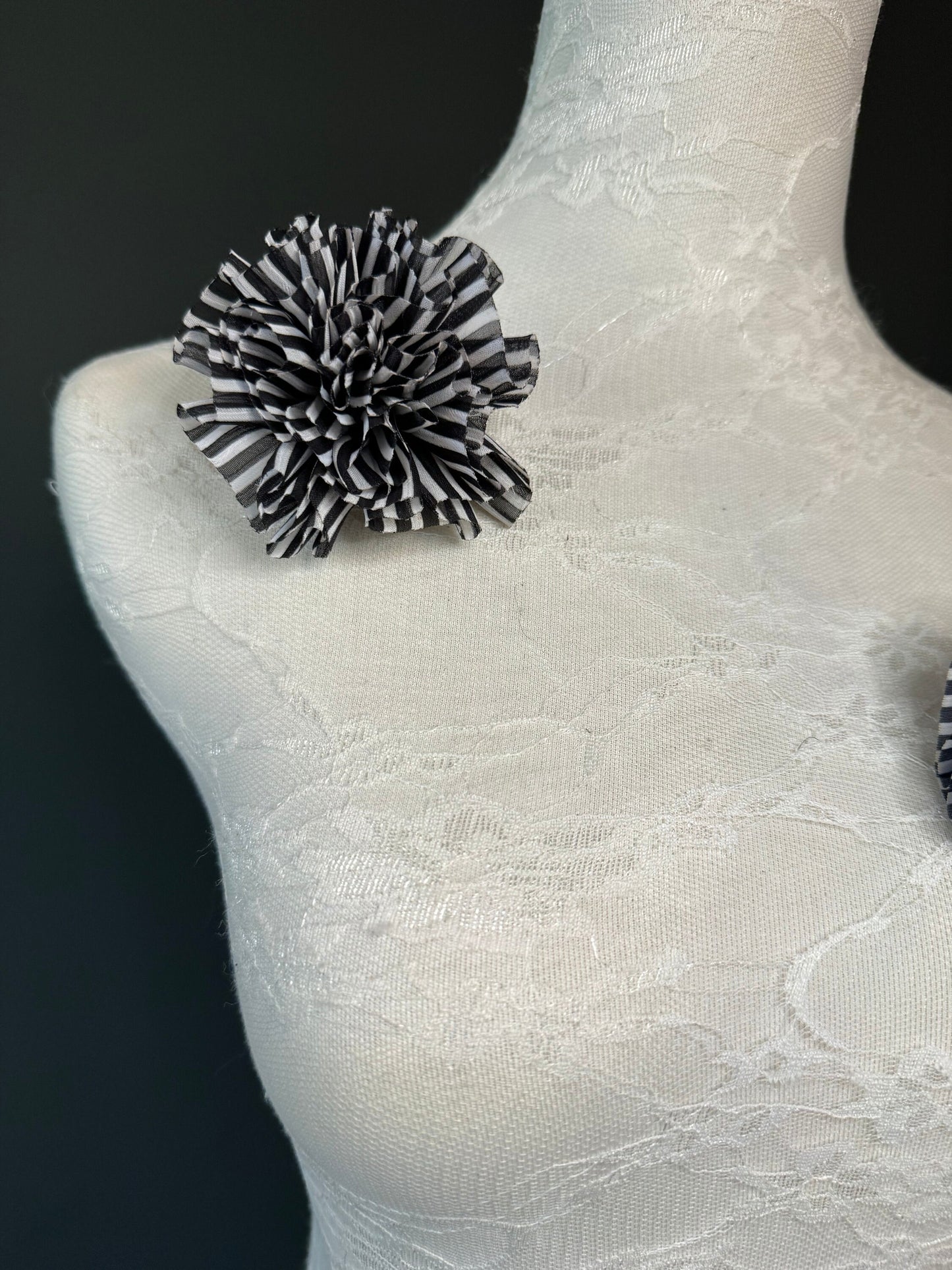 Corsage Flower, Pin on, Navy, Black White Stripe, 3” Wide, Fabric Pin on Corsage, Bridal, Clothing, Accessory, Fashion, Gift, FAN Design