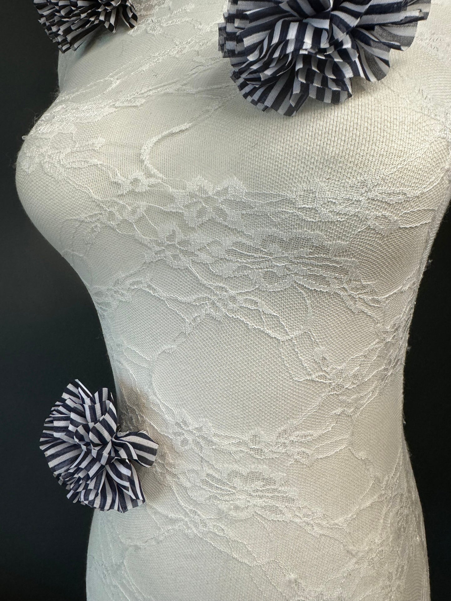 Corsage Flower, Pin on, Navy, Black White Stripe, 3” Wide, Fabric Pin on Corsage, Bridal, Clothing, Accessory, Fashion, Gift, FAN Design