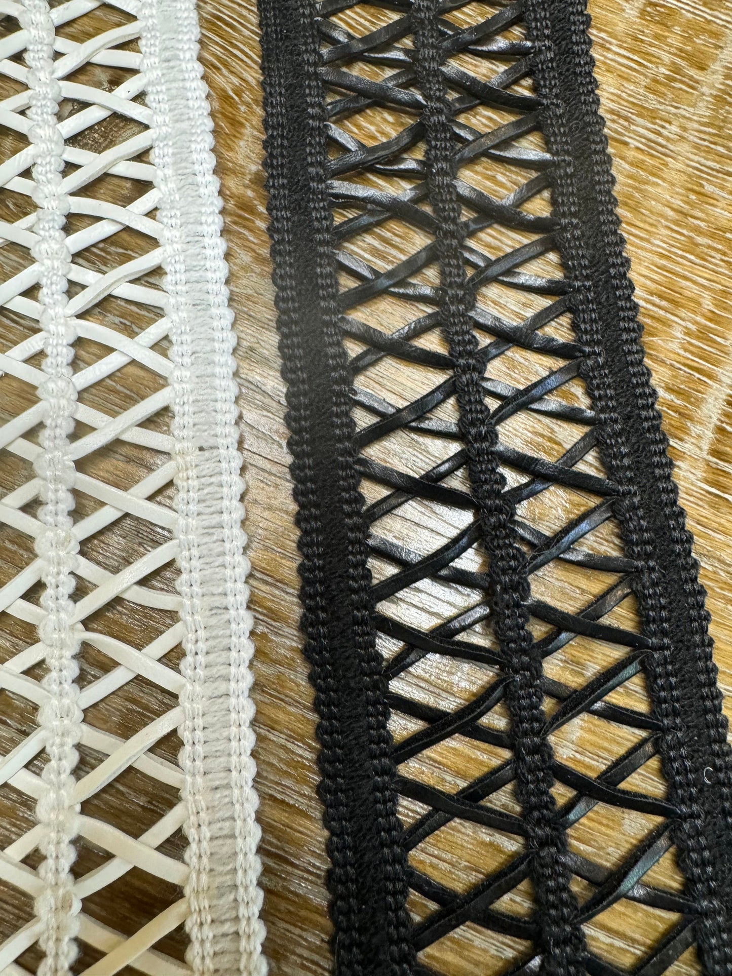 Faux Leather Criss Cross Lace Trim, Black and Ivory, 6cm Wide