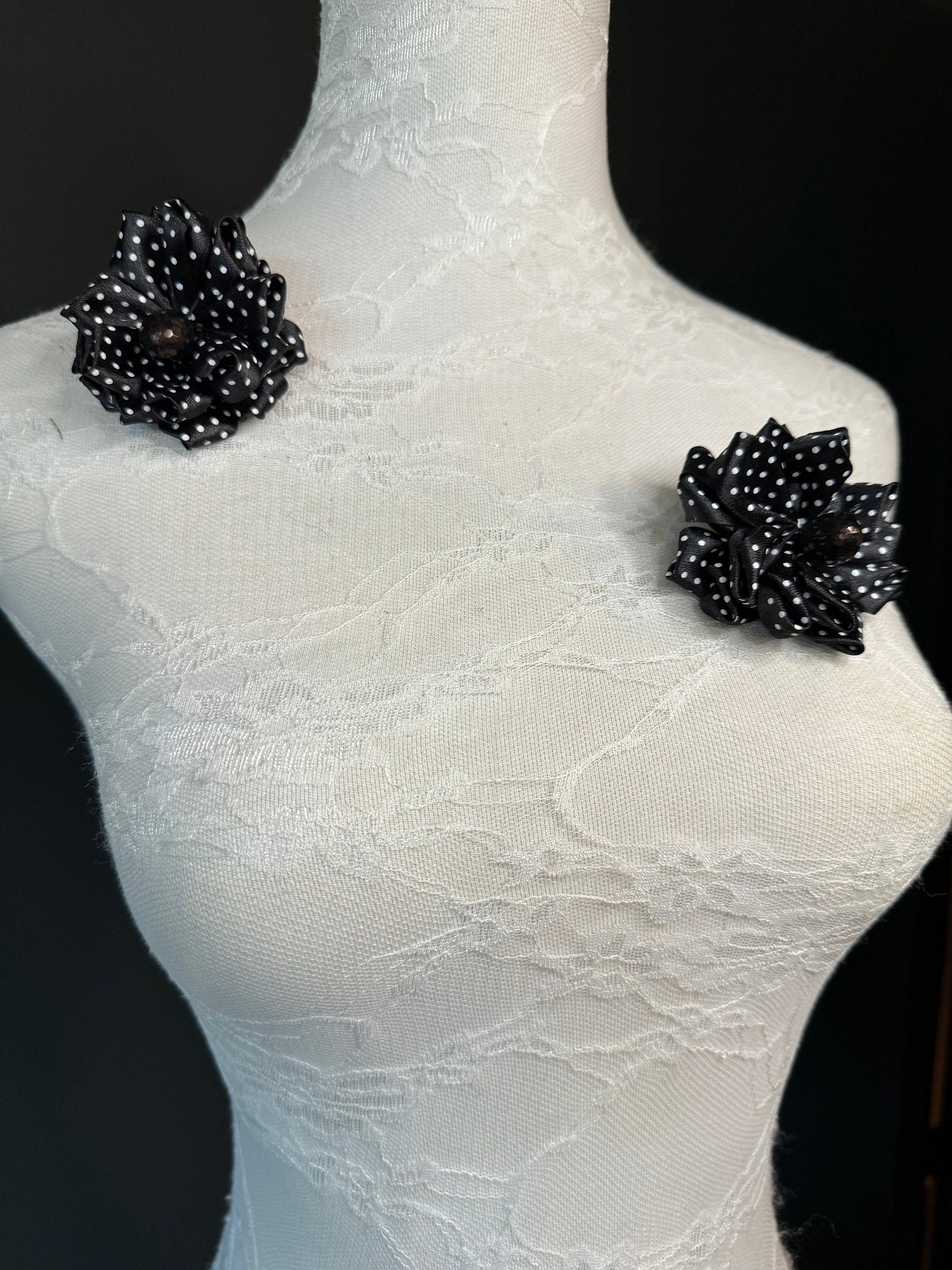 Corsage Flower, Pin on, Black White Spots, 3” Wide, Fabric Pin on Corsage, Bridal, Clothing, Fashion, Accessory, Fashion, Gift, FAN Design