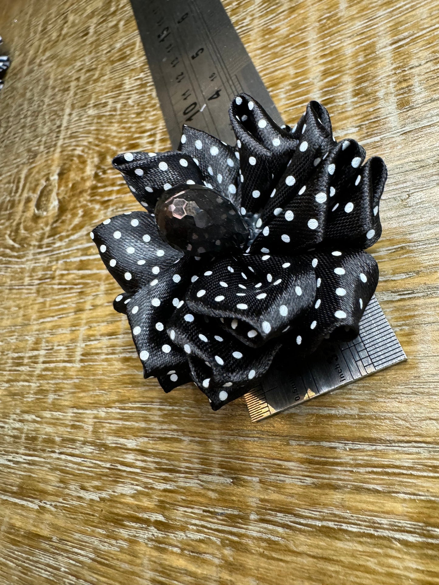 Corsage Flower, Pin on, Black White Spots, 3” Wide, Fabric Pin on Corsage, Bridal, Clothing, Fashion, Accessory, Fashion, Gift, FAN Design