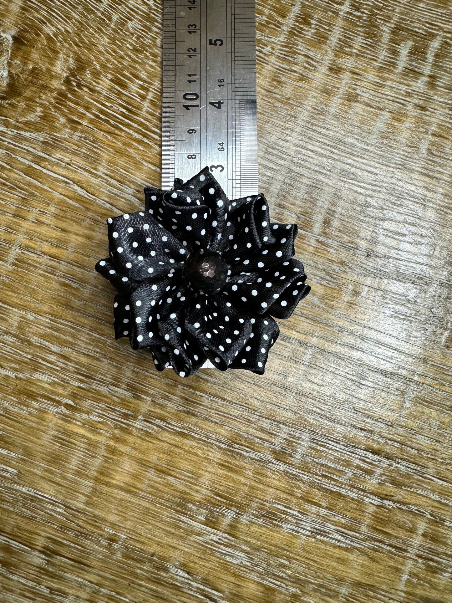 Corsage Flower, Pin on, Black White Spots, 3” Wide, Fabric Pin on Corsage, Bridal, Clothing, Fashion, Accessory, Fashion, Gift, FAN Design
