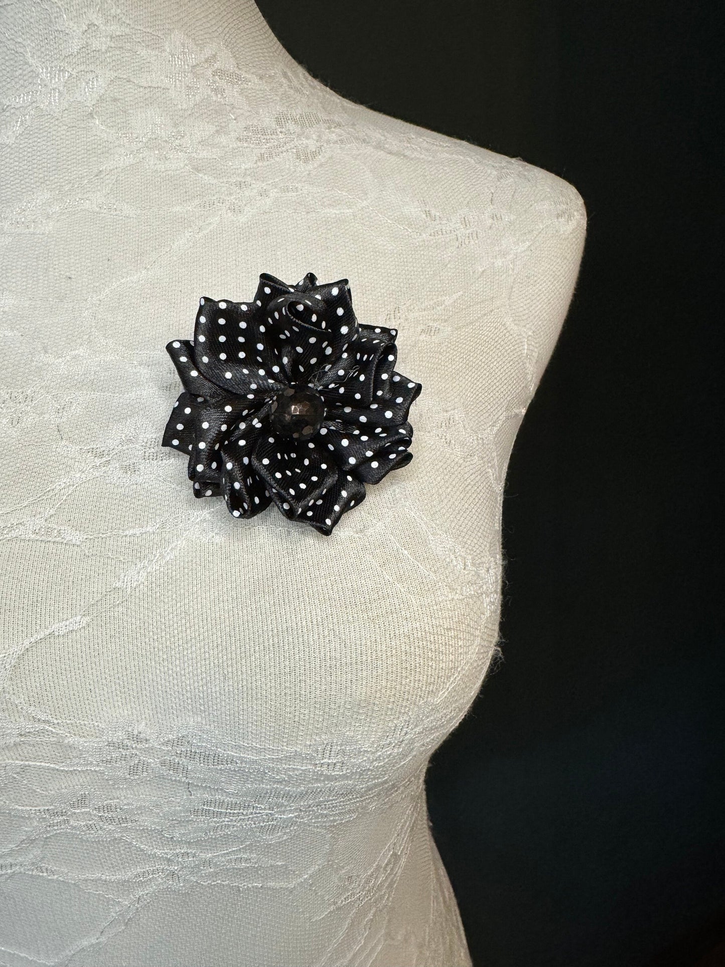 Corsage Flower, Pin on, Black White Spots, 3” Wide, Fabric Pin on Corsage, Bridal, Clothing, Fashion, Accessory, Fashion, Gift, FAN Design