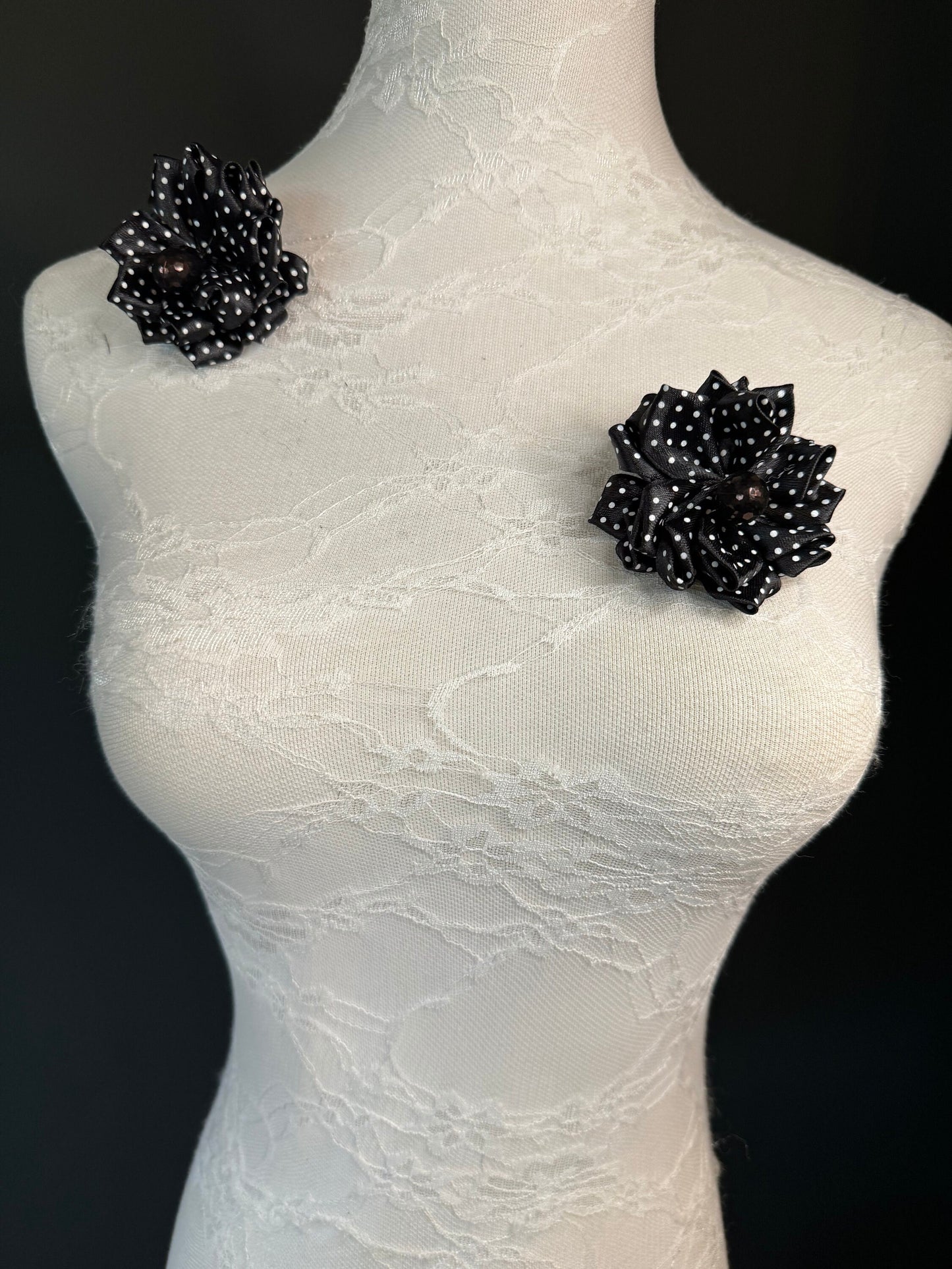 Corsage Flower, Pin on, Black White Spots, 3” Wide, Fabric Pin on Corsage, Bridal, Clothing, Fashion, Accessory, Fashion, Gift, FAN Design