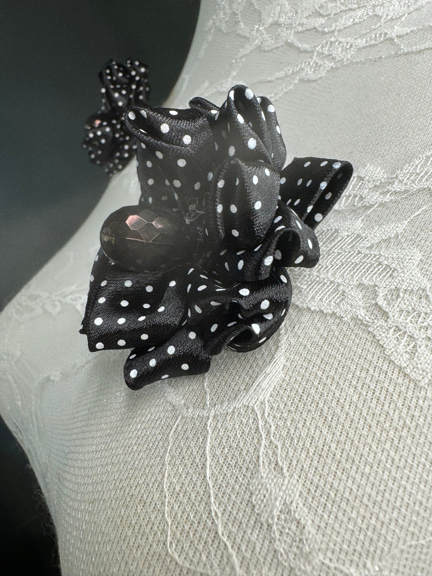Corsage Flower, Pin on, Black White Spots, 3” Wide, Fabric Pin on Corsage, Bridal, Clothing, Fashion, Accessory, Fashion, Gift, FAN Design