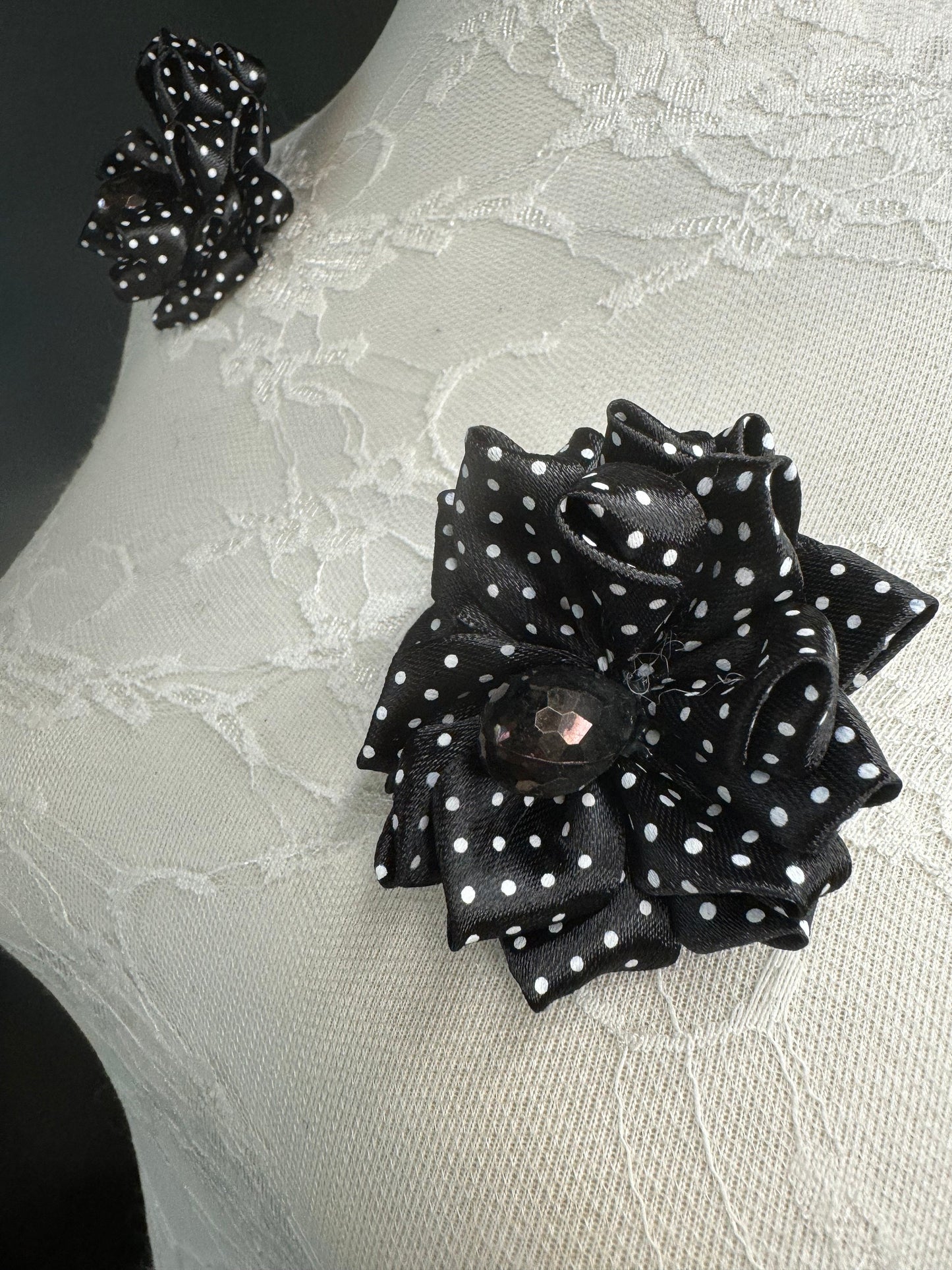 Corsage Flower, Pin on, Black White Spots, 3” Wide, Fabric Pin on Corsage, Bridal, Clothing, Fashion, Accessory, Fashion, Gift, FAN Design