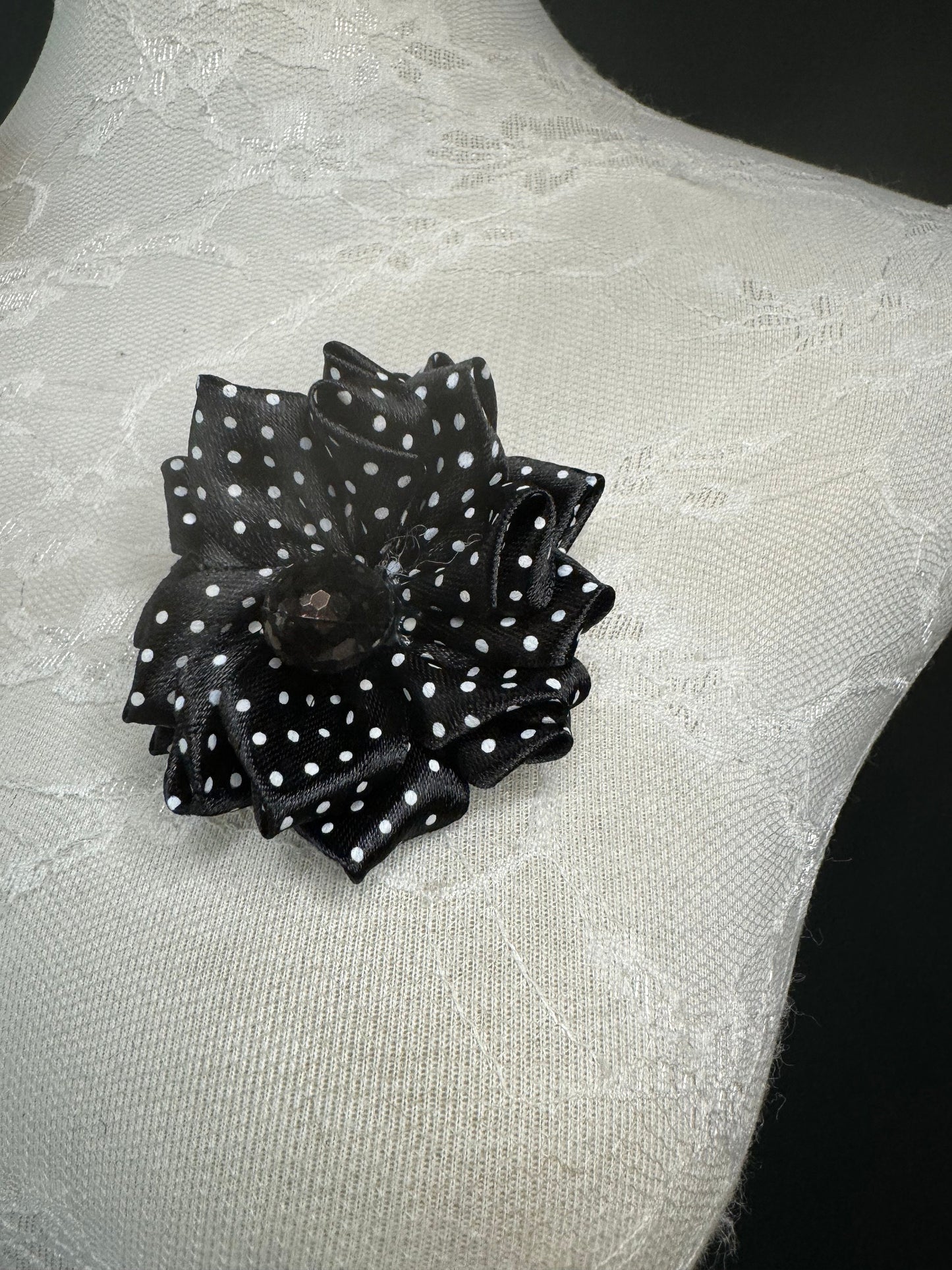 Corsage Flower, Pin on, Black White Spots, 3” Wide, Fabric Pin on Corsage, Bridal, Clothing, Fashion, Accessory, Fashion, Gift, FAN Design
