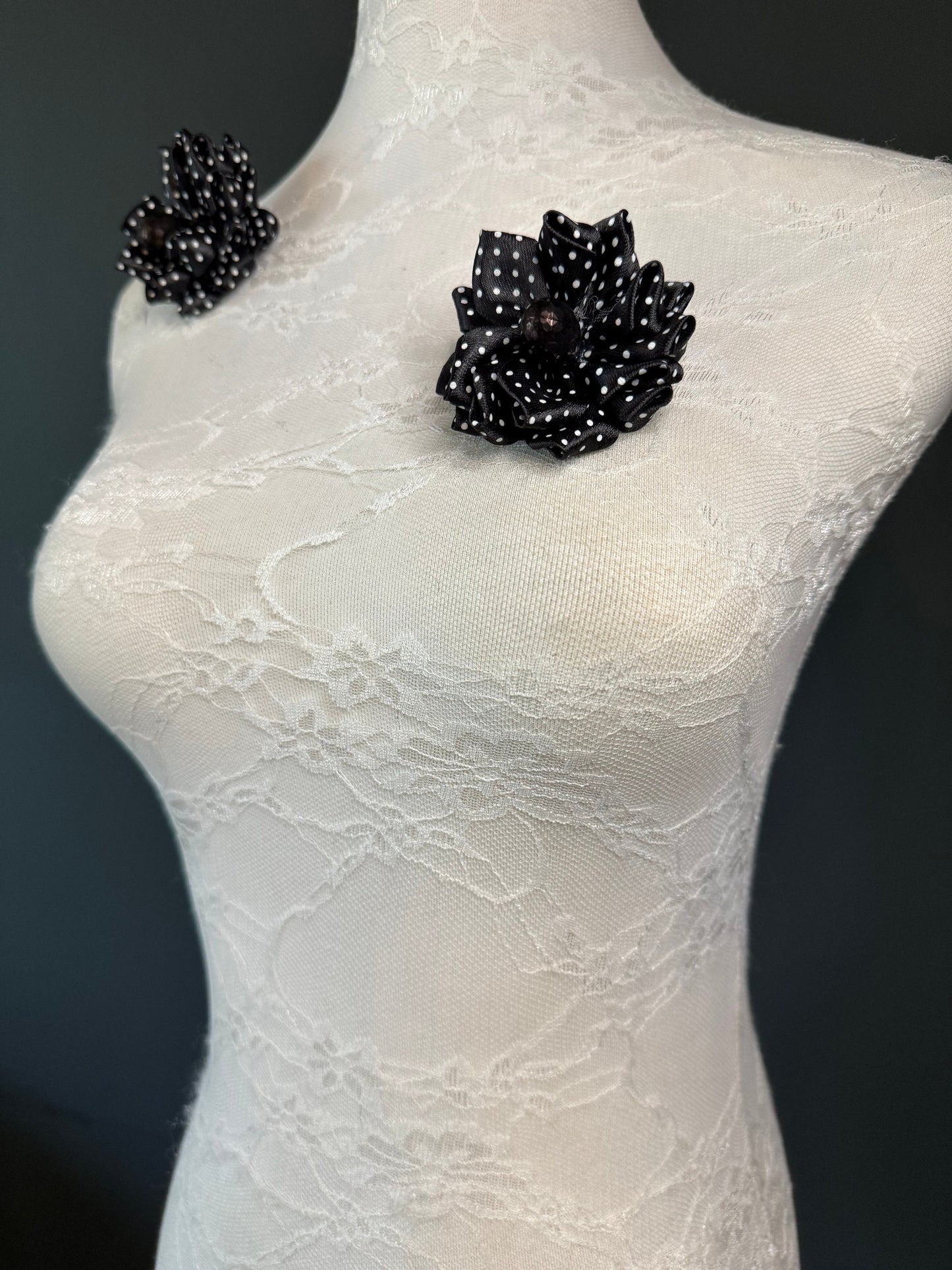 Corsage Flower, Pin on, Black White Spots, 3” Wide, Fabric Pin on Corsage, Bridal, Clothing, Fashion, Accessory, Fashion, Gift, FAN Design