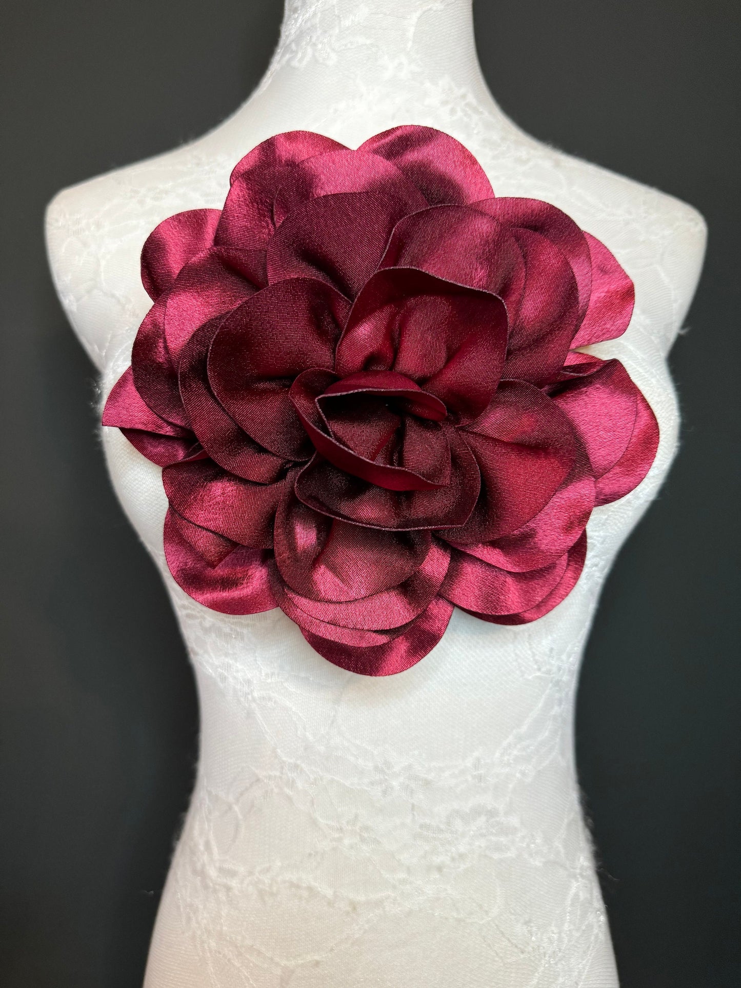 Large 3D Corsage Flower, Satin Fabric, 6 Colours, 11” Wide, Pin on Corsage, Bridal, Clothing, Dress, Hat, Wedding, FAN Design, Race Day,Gift