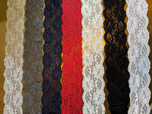 Wide Floral Stretch Lace Trim, Double Scallop, 3.5 Inch