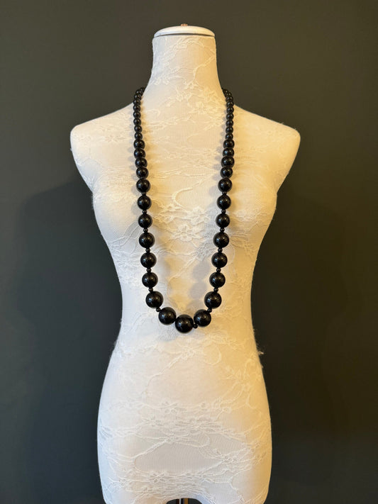 Handmade Oversized Beaded Black Necklace, Adjustable Long Chain